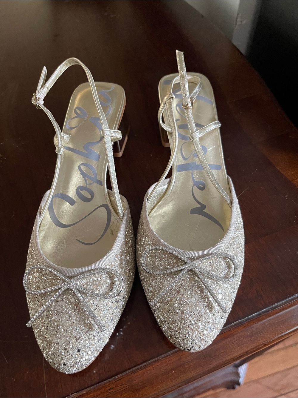Sophia Webster Champagne Gold Glitter Bow Slingback Heels
